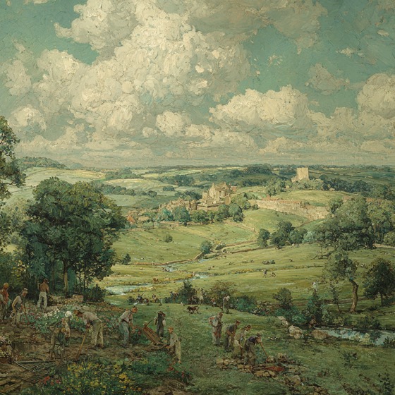 Workers and architects breaking ground on new construction in the English countryside