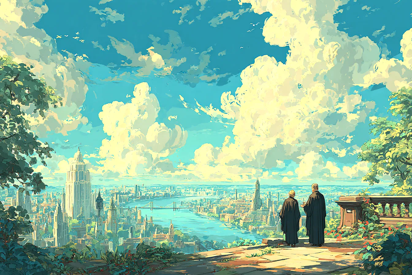Two attorneys in black robes arguing a case, painted in warm classical tones